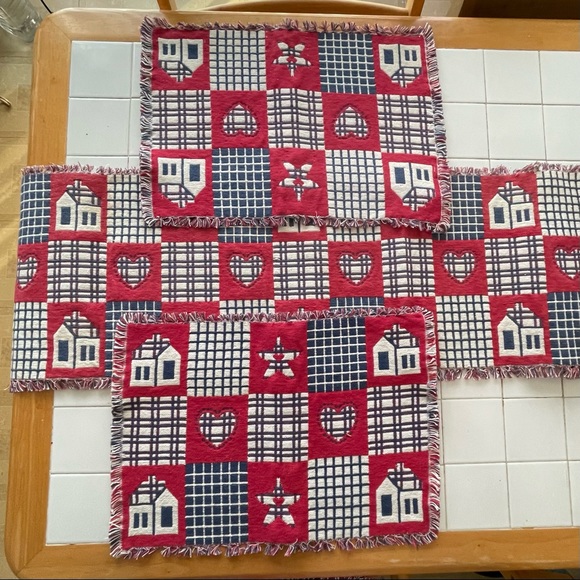 Table Runner and Four Matching Placemats Red White and Blue Farmhouse Americana - Picture 2 of 14